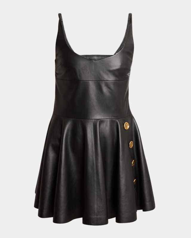 Button-Front Leather Mini Dress